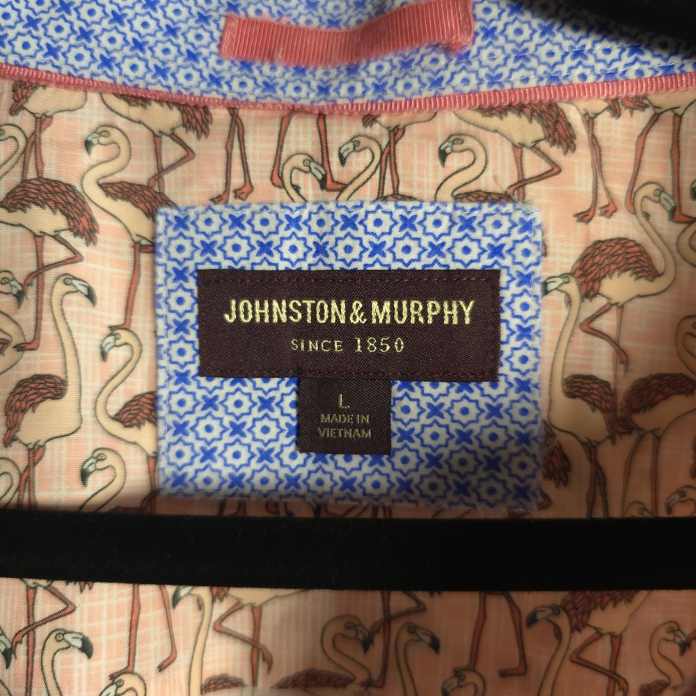 Johnston & Murphy Men's L Flamingo Print Short Sleeve Button Down Shirt Vacation - Picture 2 of 7